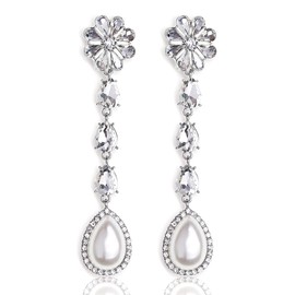 Agriajun White Silver Long Cubic Zirconia Tassel Drop Dangle Chain Earrings for Women - Big Extravagant Sparkly Bridal Rhinestone Costume Jewelry