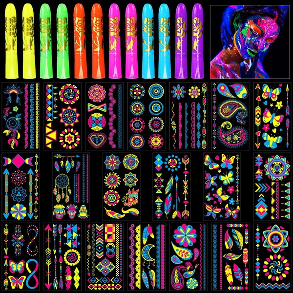 Tegeme Glow in The Dark Party Supply 20 Sheet (Over 160 Pcs) Glow Temporary Tattoo Stickers,12 UV Neon Light Face Body Crayons Paint Kit for Kid Adult Masquerade Masks Mardi Gras Supplies Neon Favor