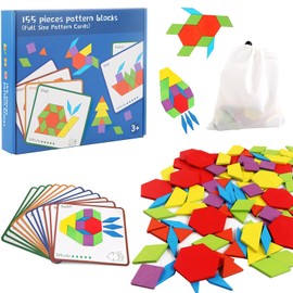 HENGBIRD Geometric Shapes Tangrams Wooden Puzzle Toy, 155 Pieces Wooden Pattern Blocks, Colourful Wooden Intelligence Puzzle, Montessori Educational Toy, Gifts for Children, Preschool