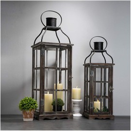 Glitzhome Decorative Candle Lanterns, Set of 2 Farmhouse Oversized Wooden Lanterns Decor Black Lanterns for Porch, Patio, Garden, Balcony, Wedding, Table Centerpiece Decorations(No Glass)
