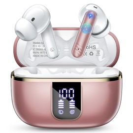 Wireless Earbuds Bluetooth, In Ear Headphones Bluetooth 5.4 Stereo Deep Bass, Ear Buds with Noise Cancelling Mic, 38H Playtime with LED Display, IPX7 Waterproof, Earphones for Android iOS, Rose Gold