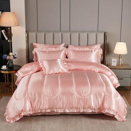 Silk Like Pink Bedding Set - Full Size, 8 Pieces, Luxury Silky Comforter with Ruffle Pattern and 1 Cushion Cover