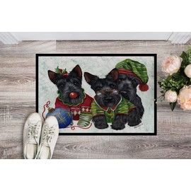 Caroline's Treasures PPP3270JMAT Scottish Terrier Christmas Elves Doormat 24x36 Front Door Mat Indoor Outdoor Rugs for Entryway, Non Slip Washable Low Pile, 24H X 36W