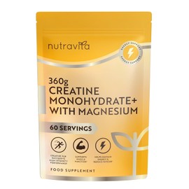 Nutravita Creatine Monohydrate Powder with Magnesium - 360g Unflavoured Vegan Micronised Creatine Powder (60 Day Supply) - Pre Workout Supplement for Men & Women with Scoop Included - UK Made