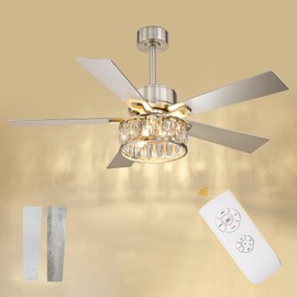 AUTELO Ceiling Fans with Lights - 52 Inch Ceiling Fans with Lights and Remote Control, Modern Crystal Ceiling Fan with 5 Reversible Blades in Nickel and Wooden Grey Finish for Living Room, F9327 ST