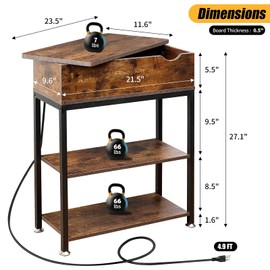 Rotating Top End Table with Charging Station, Side Table with USB Ports and Outlets, 24" W x 12" D x 27" H, Rotating End Table with Storage, Couch Side Tables, Narrow Table Living Room, Bedroom