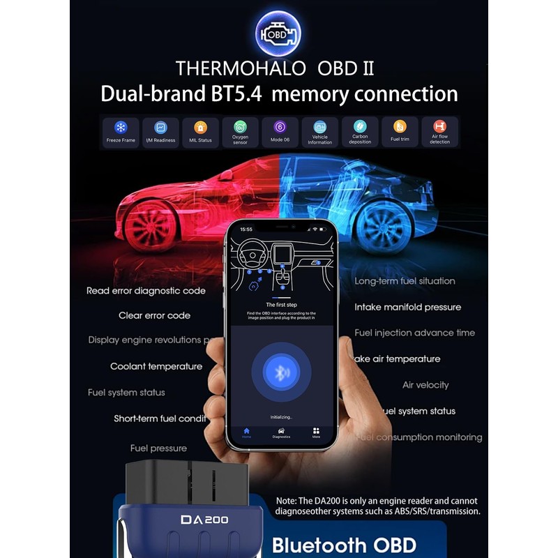 DA200 OBD2 Scanner Bluetooth, All-in-One Code Reader for Check Engine