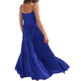 Chatinction Women Summer Casual Loose Dress Spaghetti Strap Asymmetric Tiered Sundresses Beach Cami Maxi Dresses Royal Blue S