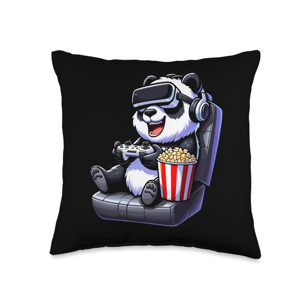 Gamer Panda Popcorn Gaming Chair Headphones Games Player Throw Pillow