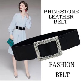 Bemous Black Elastic Waist Belts Women Rhinestone Buckle Belts for Dress Vintage Stretchy Belt for Women