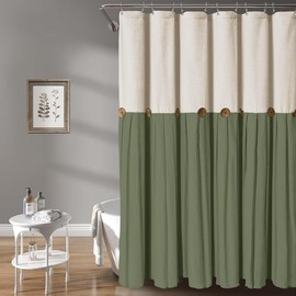Linen Button Farmhouse Beige Shower Curtain,Linen and Cotton Woven Fabric,Pleated Brown Stripe,Country Style - Color: Cream & Green, Size: 72"L x 72"W