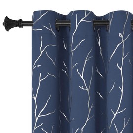 BUHUA Navy Blue Curtains, Bedroom Window Blackout Curtains 84 Inch Length, Thermal Insulated Curtains for Living Room Print Silver Tree Branches Drapes Window Treatment 2 Panels, 38Wx84L