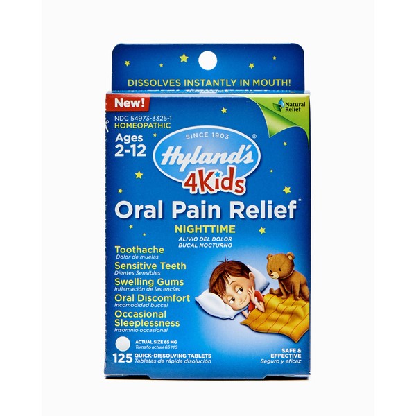 Kids Nighttime Oral Pain Relief Tablets by Hyland's 4Kids, Natural Relief of Toothache, Swelling Gums, and Oral Discomfort, 125 Count