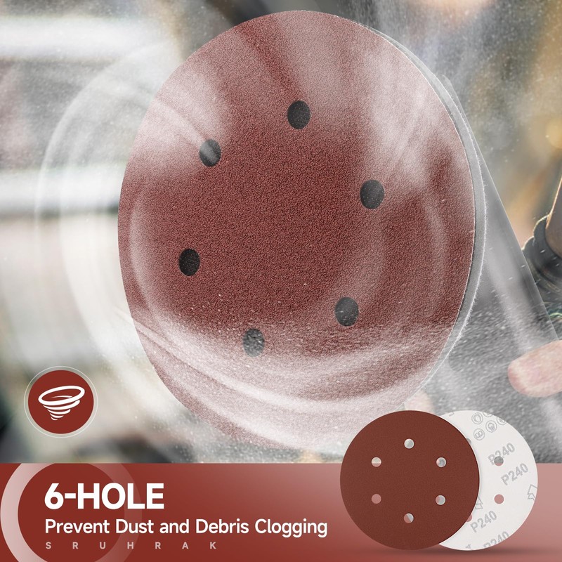 Sruhrak 100 Pcs Sanding Discs, 150mm Sanding Pads Set Hook