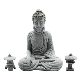 Hoypeyfiy Meditation Buddha Set, Zen Garden Accessories, Sitting Buddha Statue and Round Stone Lantern Arc-Shaped Lantern for Home Decor,Micro Landscape Decoration,Patio Yard Garden Decoration