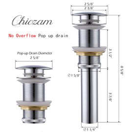 Vessel Sink Drain Stopper Chrome Solid Brass Bathroom Pop up Drain Without Overflow for Basin Sink Lavatory Vanity Sink Above Counter