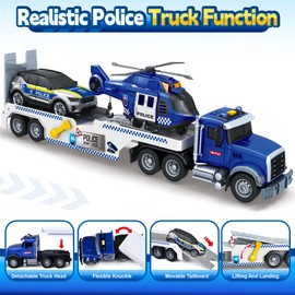 SpringFlower 21" Semi Truck Toy, 3 4 5 6 Year Old Boys Toddlers Police Truck Toy with Racing Car and Helicopter, 3 in 1 Police Car Toy, Birthday Gifts for Kids Child 3 4 5 6 Years Old