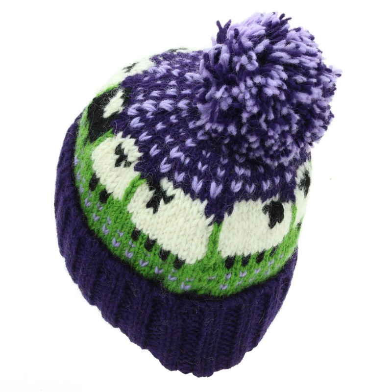 LOUDelephant Wool Knit Bobble Beanie Hat - Sheep - Green