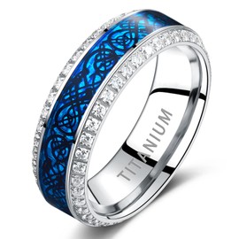 TUNGSTORY Mens Wedding Bands 8mm Celtic Dragon Titanium Ring Blue Wedding Rings with Carbon Fiber and Simulated Diamond Inlay Comfort Fit Jewelry Gift Size 9
