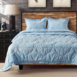 DOMDEC 3-Piece Quilted Comforter Set Washed Microfiber Shell Down Alternative Fill Stylish Ruffled Edge Machine Washable Hypoallergenic Bedspread (King Size + 2 Pillow Shams, Teal Blue)