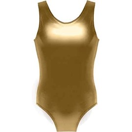 BODYWEAR LTD Childrens Kids School Sport Dance Gymnastics Ballet Sleeveless Leotard Metallic Wet Look Shinny Party Disco or Dance Costume (Gold, 7-8 Years)