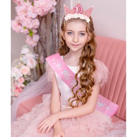 SuPoo 10th Birthday Girl Headband Crown & Birthday Sash Set 10th Birthday Decorations for Girl Flower Princess Tiara Glitter Pearl Hair Band 10 Year Old Happy Birthday Party Accessory