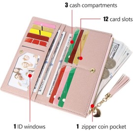 Women's Slim Wallet - Leather Lightweight, 12 Credit Card Slots, Minimalist Design, ID Window, 3 Large Cash Compartments, Zipper Pocket for Coins (Pink)