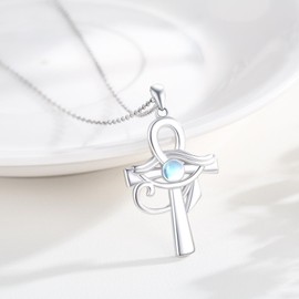 MOPOPOK Eye of Horus Necklace S925 Sterling Silver Ankh Cross Necklace with Moonstone Egyptian Eye of Horus Necklace Protection Cross Jewelry Gifts for Women Birthday Christmas