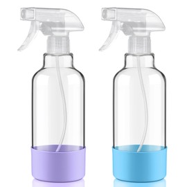 Hethyo Glass Spray Bottles with Silicone Sleeve 16.9oz 2 Pack Empty Spray Bottle for Hair Mist/Stream Spraying for Cleaning Solutions, Plants, Essential Oils (clear-sblue&purple)