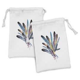 Ambesonne Floral Fabric Pouch Set of 2, Inspirational Bouquet of Types of Colorful Retro Style Quill Pen Feather, Small Drawstring Bag for Toiletries Masks and Favors, 9" x 6", Multicolor