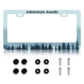 HCSS Adventure Awaits License Plate Frames, Mountains Forest Tree Aluminum Metal License Plate Holder Covers, Rust-Proof Waterproof Car Decorative Tag Frames for Standard US 12x6 Inch