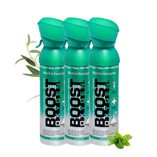 Boost Oxygen Oxygen tab for on the go with 95% oxygen, 15 L, 3 x 5 L oxygen can with oxygen mask for more than 300 inhalations, mobile oxygen inhaler (menthol-eucalyptus flavour)