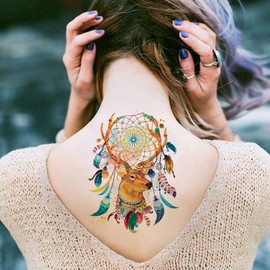 WIRESTER 2 Sheets Of Temporary Tattoo Stickers for Girls Boys Kids Adults, Fake Tattoos on Face Hand Neck Wrist Party Favor Body Art, Tattoo Sheet 6 x 7.87 inch - Deer Dream Catcher