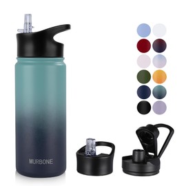 MURBONE Stainless Steel Drinking Bottle 500 ml (+ 2 Lids) with Straw, BPA-Free, Leak-Proof, Suitable for Carbonated Drinks, Thermos Flask, Vacuum Double Wall Insulation for Sports, Travel, Camping
