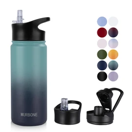 MURBONE Stainless Steel Drinking Bottle 500 ml (+ 2 Lids) with Straw, BPA-Free, Leak-Proof, Suitable for Carbonated Drinks, Thermos Flask, Vacuum Double Wall Insulation for Sports, Travel, Camping