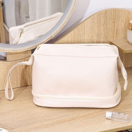 Women's Double-layer Makeup Bag Large Capacity Main Bag Lower Makeup Brush Storage Bag with Inner Pocket Cosmetic Organizer Travel Toiletry Bag PU Leather