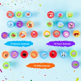 Romon Animal Stamp Set, 30 Pieces Stamps Children, Cute Plastic Toy Stamps, Round, Multicoloured, for Classroom Rewards, Party Bag Filler, Children's Birthday Party Gift