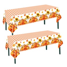 Orielis Plastic Thanksgiving Tablecloths 2 Pack - Fall Table Cloth Disposable Pumpkin Plaid Table Cover for Kitchen Dinner Thanksgiving Party Supplies, Rectangle 54 X 108 Inch