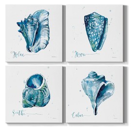 Renditions Gallery Seashell Beach House Theme Wall Décor 12 x 12 inches, Set of 4 Nautical Wall Art Canvas Prints Decoration for Bathroom Bedroom Living Room, Blue Shell Relax