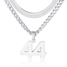 KLIFOWDY Number Necklace, Layered Necklace for Men, Number Necklace for Boy Athlete, 18+20 In Silver Chain for Men With Number 44 Pendant, Basketball Football Baseball Number Necklaces For Boys
