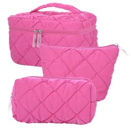 3Pcs Makeup Bag Set,Travel Portable Large Down Water Proof Cosmetic Bags for Women,Bathroom Coquette Toiletries Organiser, Cute Girls Zipper Pouch Toiletry Bags,Skin Care Bag for Ladies (Dark Pink)