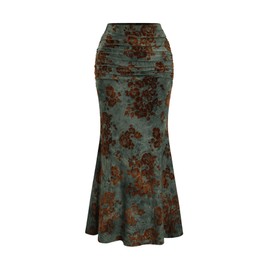 BEAUDRM Women's Vintage Floral Ruched Fishtail Long Skirt High Waisted Bodycon Maxi Skirts Army Green X-Large