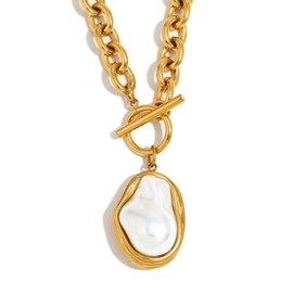 JASXEYO 18K Gold Plated Baroque Pearl Chain Necklace, 19 Inch, Stainless Steel Toggle Clasp