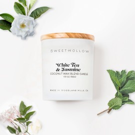 SweetHollow White Tea and Jasmine Luxury Candle in White Jar with Wood Lid, Floral Fragrance for Home and Gifts, Highly Scented and Long Lasting Coconut Wax, Aromatherapy, Large