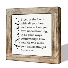 Christian Decor Art, Christian Desk Signs, Rustic Farmhouse Home Decor, Office Decoration for Shelf, Proverbs 3:5-6 Scripture Signs, Religious Faith Gift, Trust In The Lord Sign