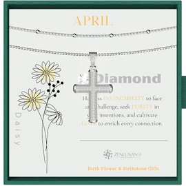 ZENLUNANO White Gold Cross Necklace for Women Exquisite Colorful Birthstone Necklace - Adjustable Length 16~22 Inches, Dual Chains, April Birthday, Diamond White Gemstone