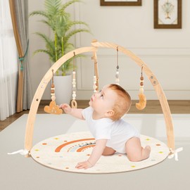 Wooden Baby Play Gym, Baby Gym Mat, Activity mat, Tummy Time Play Mat, Comfortable, Foldable, Easy to Clean&Assemble, Newborn Gift for Boys & Girls
