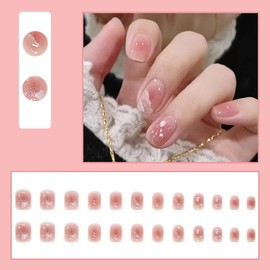 DOUBNINE Press On Nails Square Short Pink Nude Marble Ombre Gradient Natural Glossy Silver Glitter Full Cover Fake Nails Acrylic Stick On Nails Daily Office Wear for Women