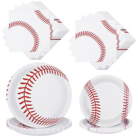 ADXCO ADXCO Baseball Party Supplies, 80 Pieces Incl 32 Plates & 48 Napkins, 13 x 13 Inch, Red and White, for Baseball Theme Party or Birthday