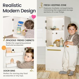 Tiny Land Wooden Toy Fridge with Spacious Storage, Realistic Play Kitchen Refrigerator for Kids’ Pretend Play with Three Freezer Magnets